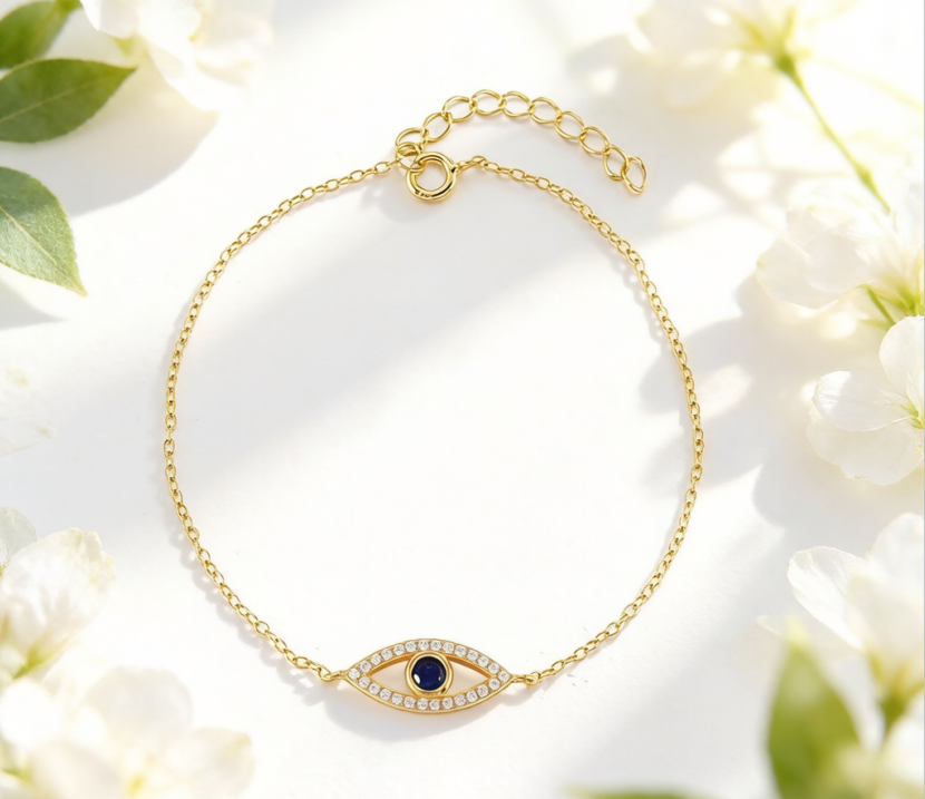 Gold Plated Evil Eye Bracelet with Sapphire Blue Center and Zirconia